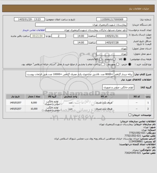 استعلام پیاله دربدار گیاهی =8000 عدد .قاشق غذاخوری یکبار مصرف گیاهی =10000 عدد طبق الزامات پیوست