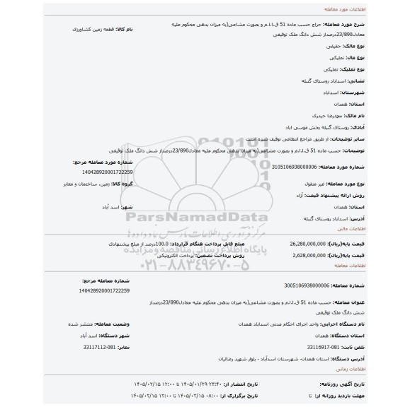 مزایده، حسب ماده 51 ق.ا.ا.م و بصورت مشاعی(به میزان بدهی محکوم علیه معادل23/890درصداز شش دانگ ملک توقیفی