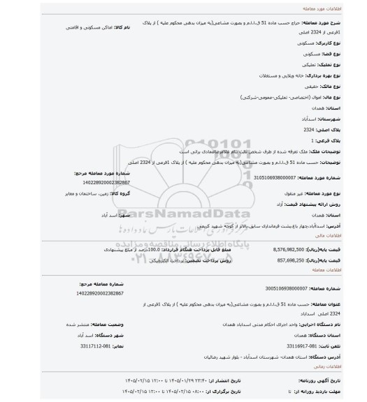 مزایده، حسب ماده 51 ق.ا.ا.م و بصورت مشاعی(به میزان بدهی محکوم علیه ) از پلاک 1فرعی از 2324 اصلی
