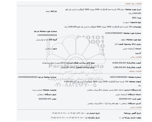 مزایده، 140 کیسه تخم آفتابگردان S400 بمیزان 5600 کیلوگرم به ارزش هر کیلو 3.000.000 ریال