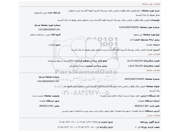 مزایده، فروش ملک واقع در اراضی باغات روستای آبشینه کوچه گلستان پشت اصطبل محل معروف به چال آبشینه