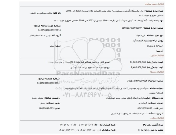 مزایده، یکدستگاه آپارتمان مسکونی به پلاک ثبتی باقیمانده 180  فرعی از 2002 الی 2004 –اصلی مفروز و مجری شده