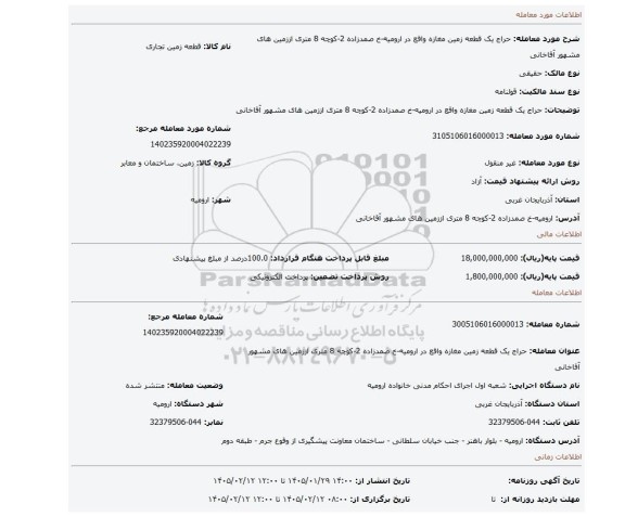 مزایده، حراج یک قطعه زمین مغازه واقع در ارومیه-خ صمدزاده 2-کوچه 8 متری اززمین های مشهور آقاخانی