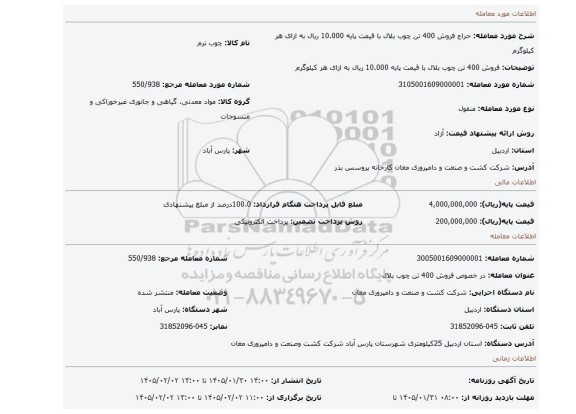 مزایده،  فروش 400 تن چوب بلال با قیمت پایه 10.000 ریال به ازای هر کیلوگرم