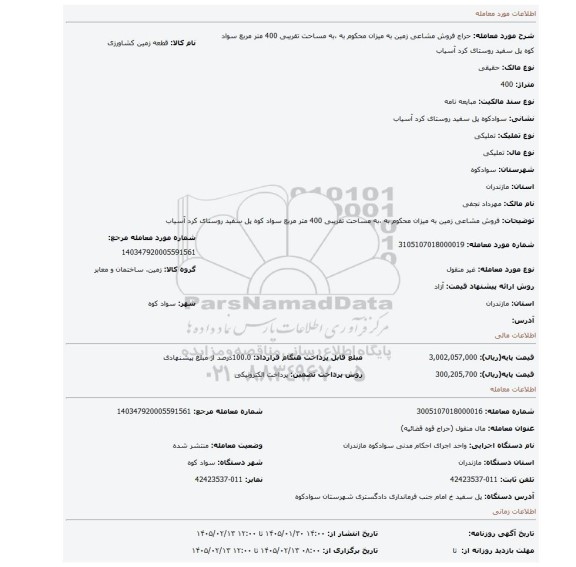 مزایده،  فروش مشاعی زمین به میزان محکوم به ،به مساحت تقریبی 400 متر مربع سواد کوه پل سفید روستای کرد آسیاب