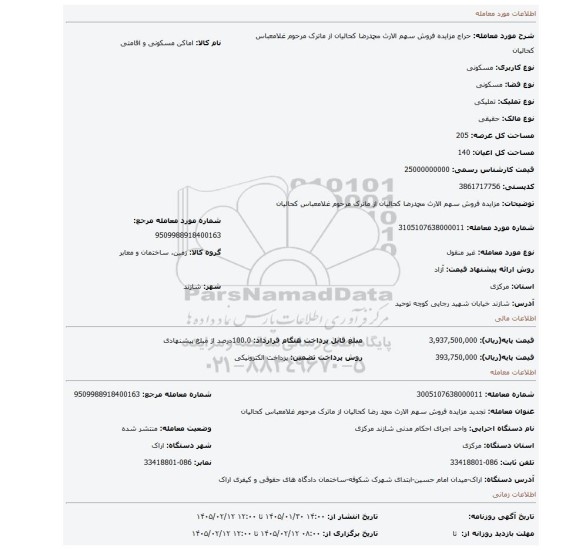 مزایده، مزایده فروش سهم الارث محمدرضا کحالیان از ماترک مرحوم غلامعباس کحالیان