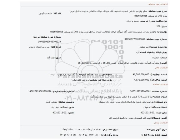 مزایده، واقع در نشانی شهرستان نجف آباد امیرآباد خیابان طالقانی خیابان ساحل غربی پلاک 68 و کد پستی 8516936816