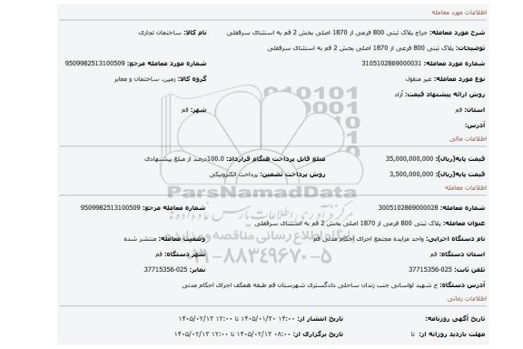 مزایده، پلاک ثبتی 800 فرعی از 1870 اصلی بخش 2 قم به استثنای سرقفلی