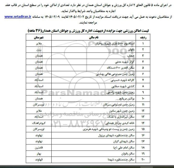 مزایده واگذاری اماکن ورزشی