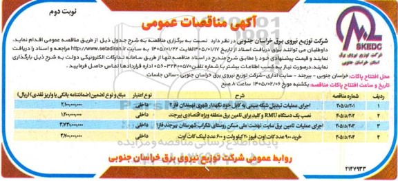 مناقصه اجرای عملیات تبدیل شبکه سیمی به کابل خود نگهدار شهری نهبندان فاز 2... نوبت دوم