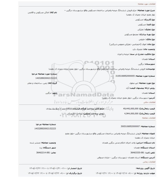 مزایده، فروش ششدانگ عرصه واعیانی ساختمان مسکونی واقع درشهرستان درگزین –بلوار مفتح خیابان چمران ک دهخدا