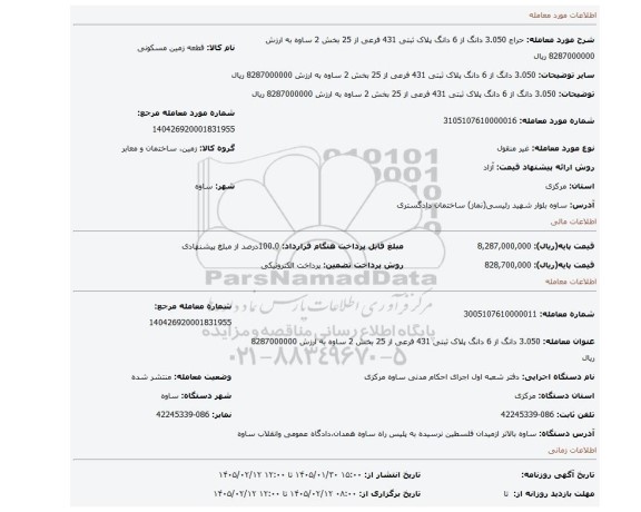 مزایده، 3.050 دانگ از 6 دانگ پلاک ثبتی 431 فرعی از 25 بخش 2 ساوه  به ارزش 8287000000 ریال