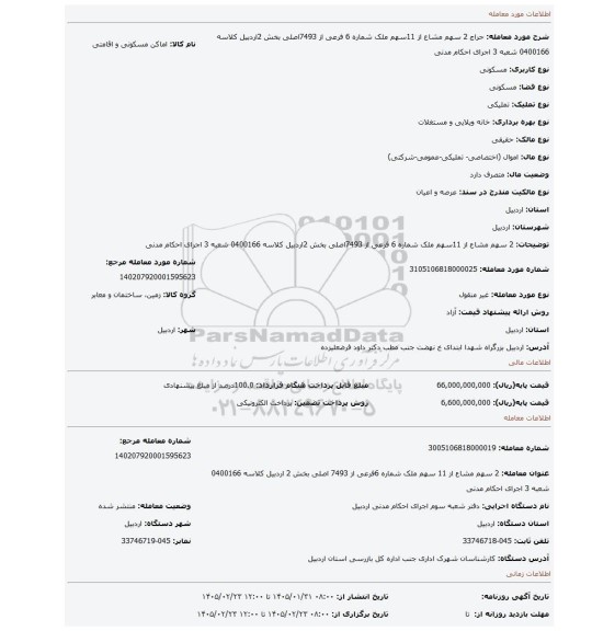 مزایده، 2 سهم مشاع از 11سهم ملک شماره 6 فرعی از 7493اصلی بخش 2اردبیل کلاسه 0400166 شعبه 3 اجرای احکام مدنی