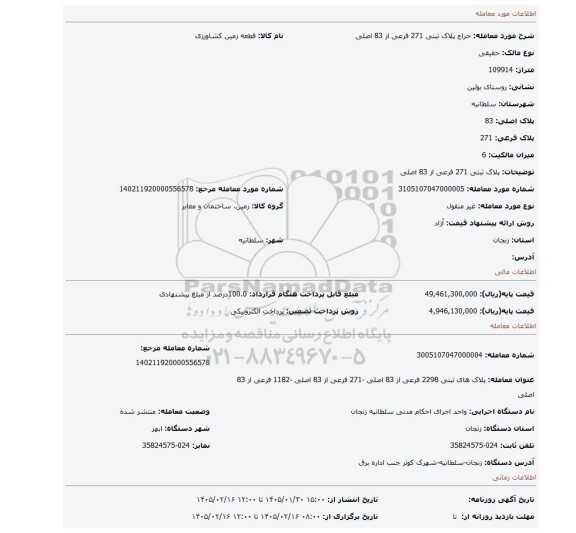 مزایده، پلاک ثبتی 271 فرعی از 83 اصلی