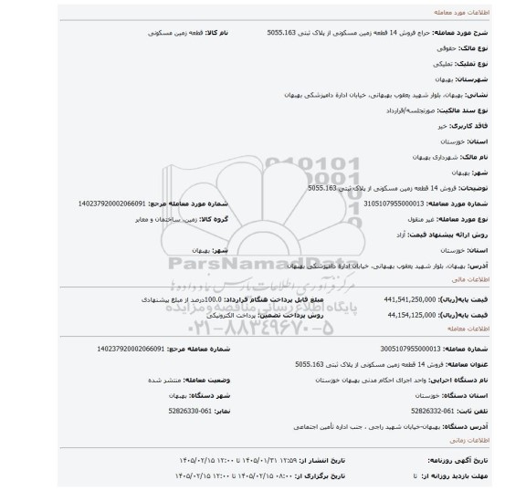مزایده، فروش 14 قطعه زمین مسکونی از پلاک ثبتی 5055.163