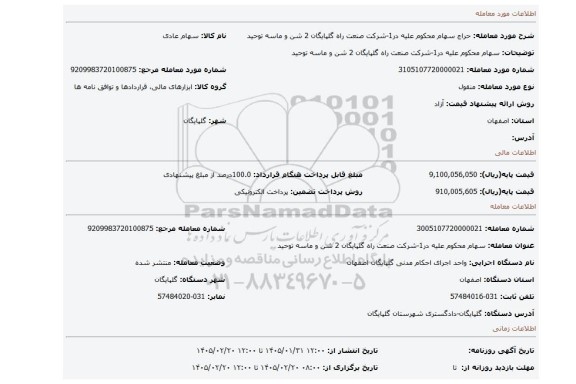 مزایده، سهام محکوم علیه در1-شرکت صنعت راه گلپایگان 2 شن و ماسه توحید