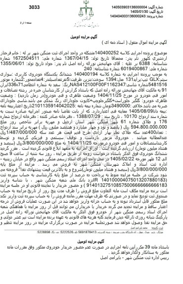 مزایده ششدانگ یکدستگاه خودروی کاربری سواری سیتم GLX تیپ پراید 131 مدل 1394