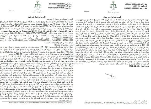 مزایده فروش سه دانگ مشاع از شش دانگ عرصه و اعیان پلاک ثبتی 2 فرعی از 2581 اصلی بخش 4 