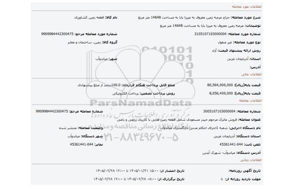 مزایده،  عرصه زمین معروف به میرزا بابا به مساحت 14648 متر مربع