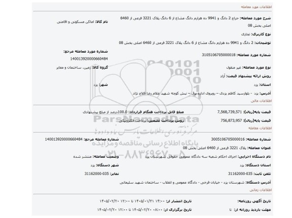 مزایده، 2 دانگ و 9941 ده هزارم دانگ مشاع از 6 دانگ  پلاک 3221 فرعی از 6460 اصلی بخش 08