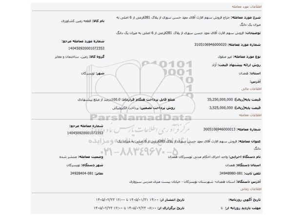 مزایده، فروش سهم الارث آقای محمد حسن سوری از پلاک 281فرعی از 6 اصلی به میزان یک دانگ