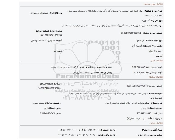 مزایده، قطعه زمین مشهور به قبرستان آلتی(آت اوتاران یری) واقع در روستای سیاه پوش کوراییم شهرستان نیر