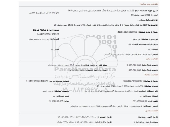 مزایده، 2109 ده هزارم دانگ مشاع از 6 دانگ مازاد بازداشتی  پلاک ثبتی شماره 705 فرعی از 1826 اصلی بخش 08