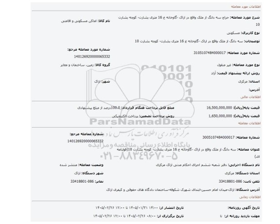 مزایده، سه دانگ از ملک واقع در اراک -گاوخانه خ 16 متری بشارت- کوچه بشارت 10