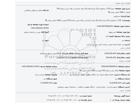 مزایده، 1757 ده هزارم دانگ مشاع از6 دانگ مازاد بازداشتی  پلاک ثبتی شماره 705 فرعی از 1826 اصلی بخش 08