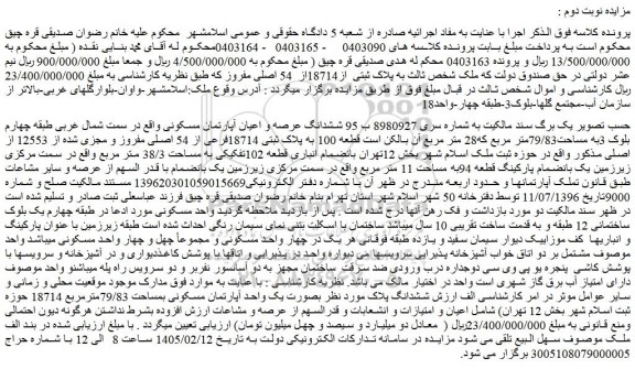 مزایده ششدانگ عرصه و اعیان آپارتمان مسکونی