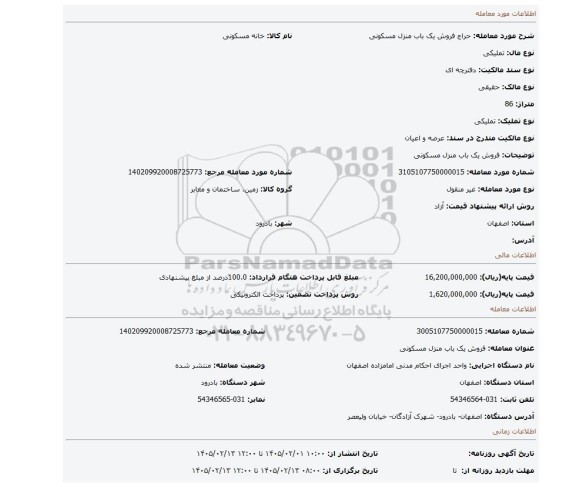 مزایده، فروش یک باب منزل مسکونی