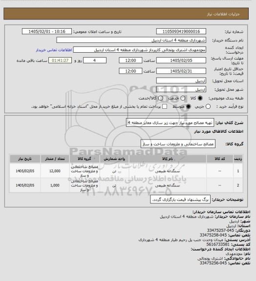 استعلام تهیه مصالح مورد نیاز جهت زیر سازی معابر منطقه 4