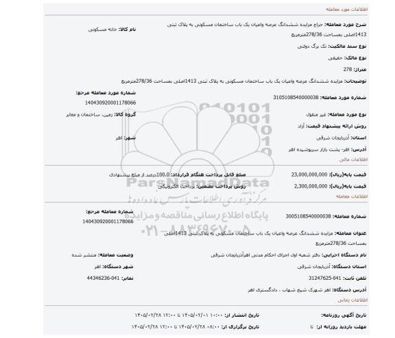 مزایده، مزایده ششدانگ عرصه واعیان یک باب ساختمان مسکونی به پلاک ثبتی 1413اصلی بمساحت 278/36مترمربع