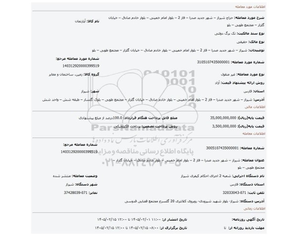 مزایده، شیراز – شهر جدید صدرا – فاز 2 – بلوار امام خمینی – بلوار خادم صادق – خیابان گلزار – مجتمع طوبی – بلو