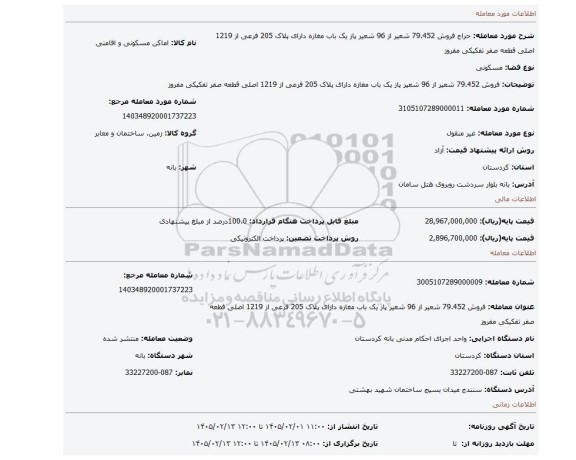 مزایده، فروش 79.452 شعیر از 96 شعیر پاز یک باب مغازه دارای پلاک 205 فرعی از 1219 اصلی قطعه صفر تفکیکی مفروز