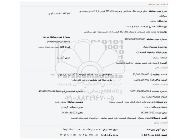 مزایده، مزایده ملک مسکونی و تجاری پلاک 383 فرعی از 15 اصلی بدون حق سرقفلی