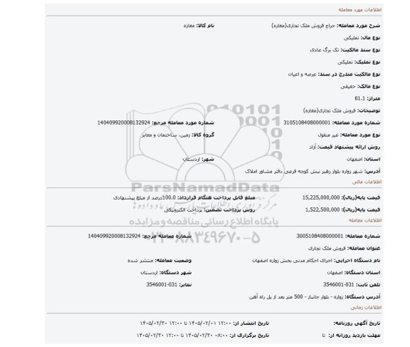 مزایده، فروش ملک تجاری(مغازه)