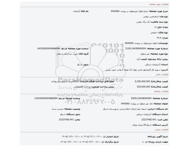 مزایده، اموال غیرمنقول در پرونده 0400081