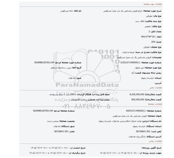 مزایده، فروش مشاعی یک باب منزل مسکونی