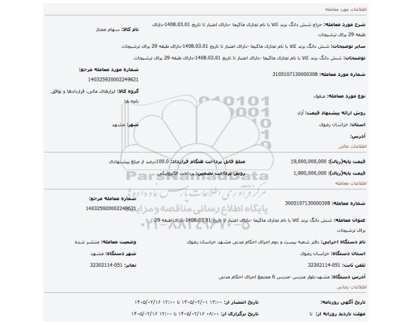 مزایده، شش دانگ برند کالا  با نام تجاری ماکیما -دارای اعتبار تا تاریخ 1408.03.01-دارای طبقه 29 برای ترشیجات