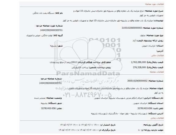 مزایده، مزایده یک باب مغازه واقع در بشرویه-بلور جانبازان-نبش جانبازان 15 اموال و تجهیزات نانوایی به جز کولر