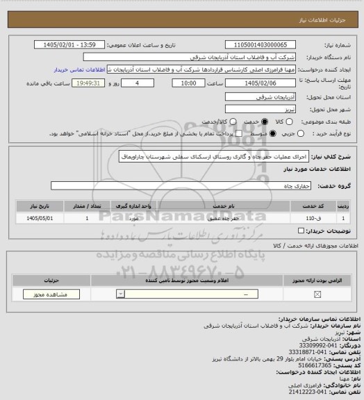 استعلام اجرای عملیات حفر چاه و گالری روستای ارسکنای سفلی شهرستان چاراویماق