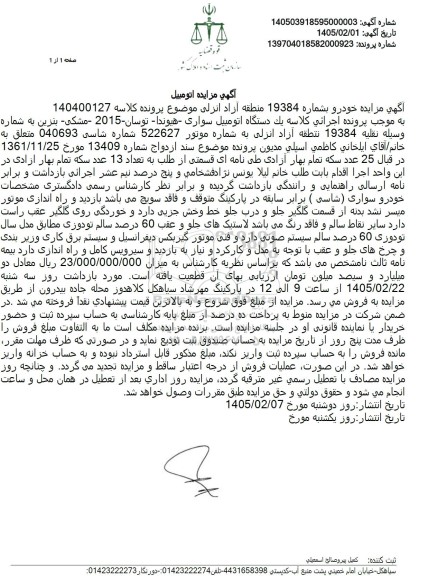 مزایده يک دستگاه اتومبیل سواری هیوندا - توسان