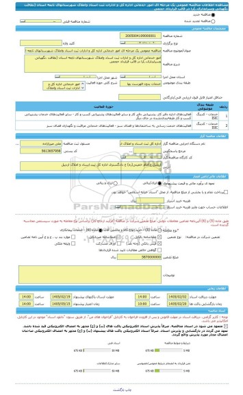 مناقصه، مناقصه عمومی یک مرحله ای امور خدماتی اداره کل و ادارات ثبت اسناد واملاک شهرستانهای تابعه استان (نظافت ،نگهبانی وسرایداری..)را در قالب قرارداد حجمی