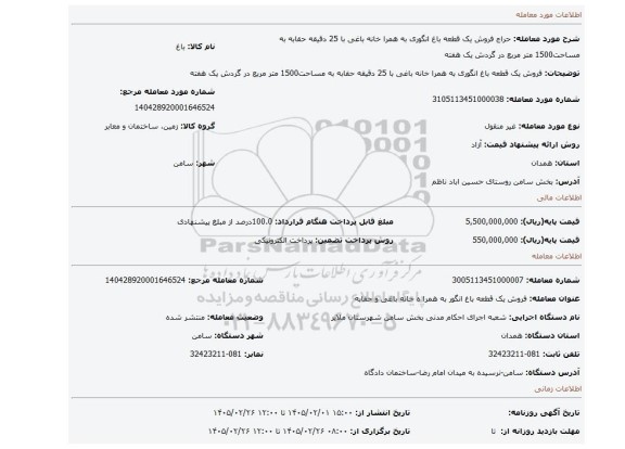 مزایده، فروش یک قطعه باغ انگوری به همرا خانه باغی با 25 دقیقه حقابه به مساحت1500 متر مربع در گردش یک هفته
