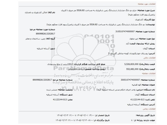 مزایده، دو دانگ مشاع از ششدانگ زمین شالیزاری به مساحت 5526.82 متر مربع با کاربری زراعی(سهم الارث محکوم علیه)