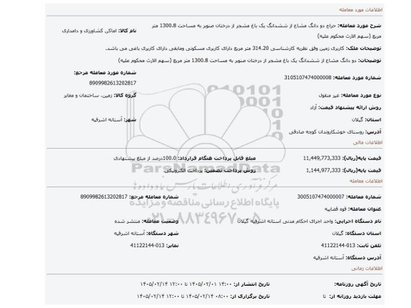 مزایده، دو دانگ مشاع از ششدانگ یک باغ مشجر از درختان صنوبر به مساحت 1300.8 متر مربع (سهم الارث محکوم علیه)
