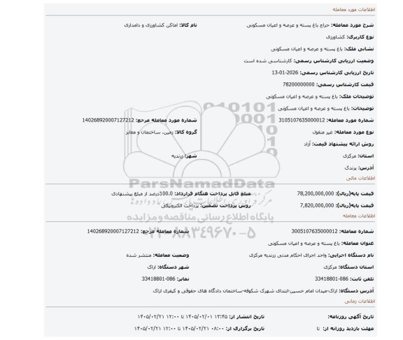 مزایده، باغ پسته و عرصه و اعیان مسکونی