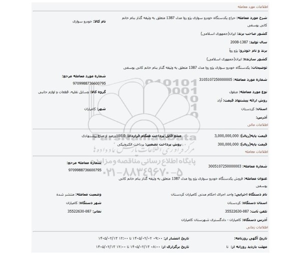 مزایده، یکدستگاه خودرو سواری پژو روا مدل 1387 متعلق به وثیقه گذار بنام خانم کانی یوسفی