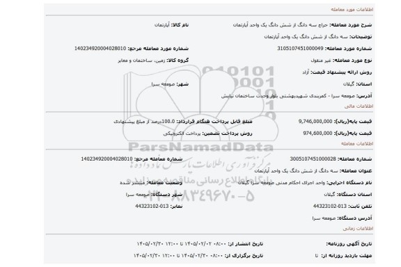 مزایده، سه دانگ از شش دانگ یک واحد آپارتمان